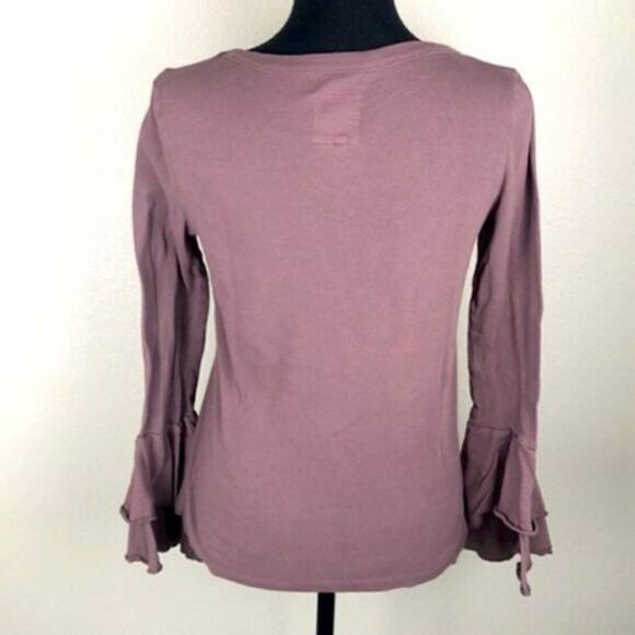 Chaser Tee Mauve Long Sleeve Double Ruffle Bell Sleeve Cotton Crew Neck Top S - Picture 3 of 10